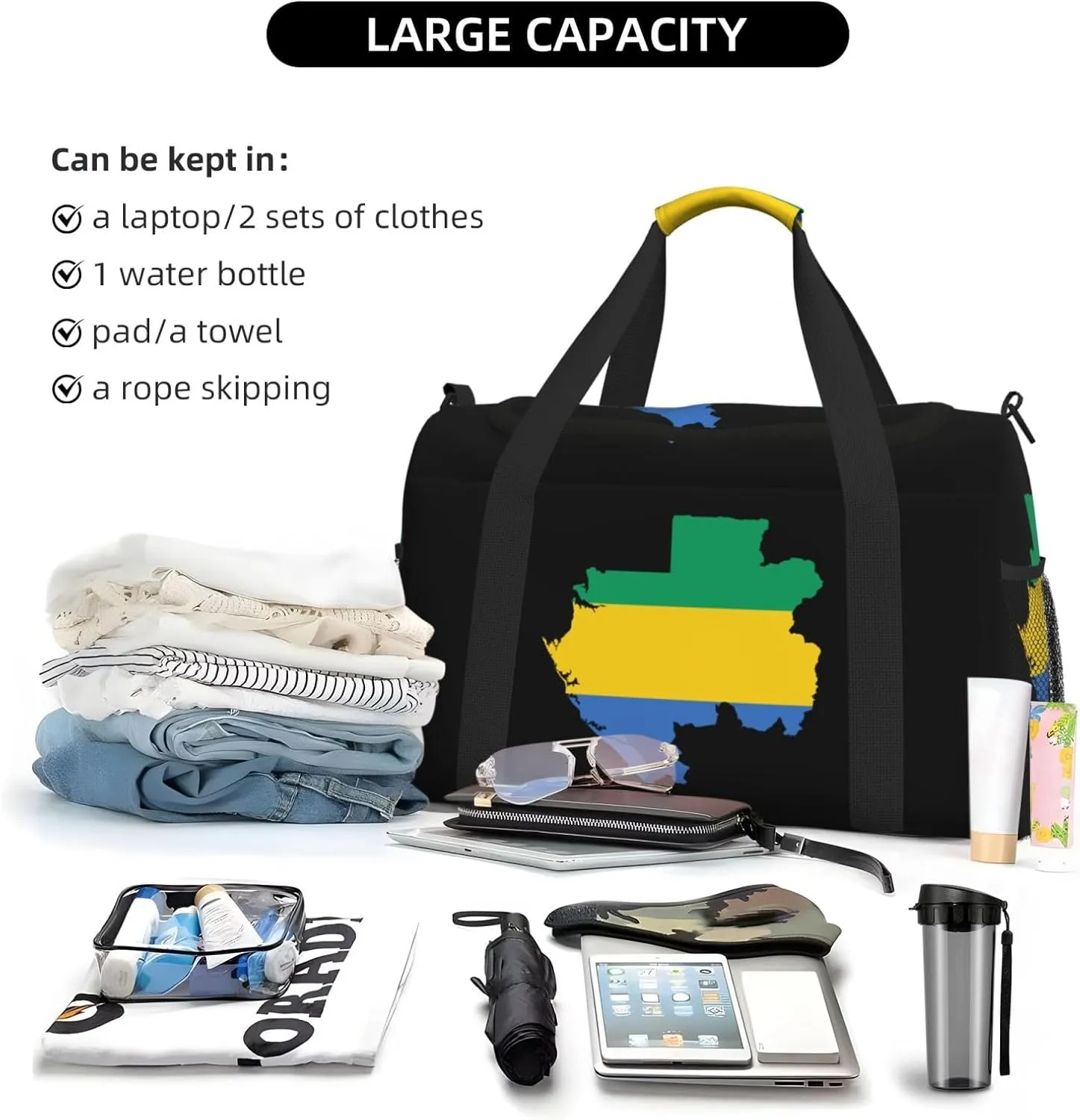 Flag Map Of Gabon Travel Duffel Bag Large Foldable Waterproof Overnight Bag For Beach Swim Bags Pool Sports Gym