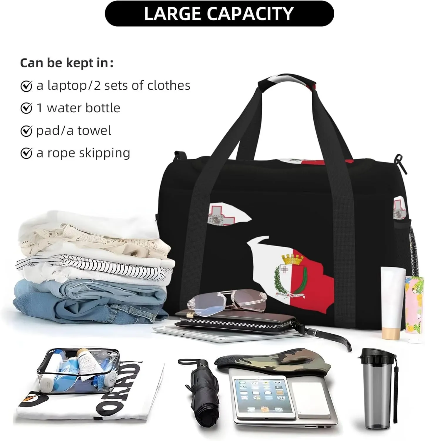 Flag Map Of Malta Travel Duffel Bag Large Foldable Waterproof Overnight Bag For Beach Swim Bags Pool Sports Gym