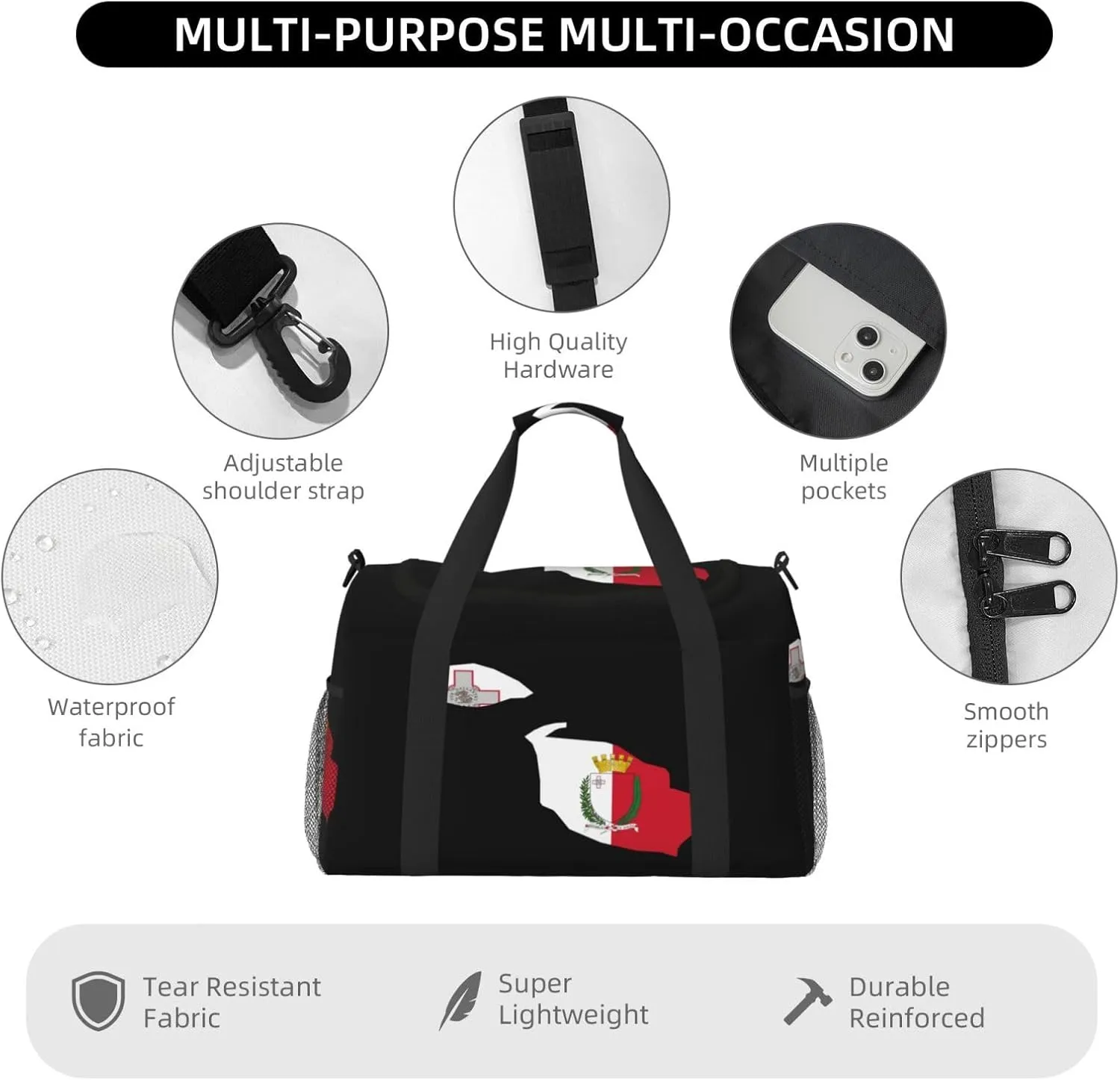 Flag Map Of Malta Travel Duffel Bag Large Foldable Waterproof Overnight Bag For Beach Swim Bags Pool Sports Gym