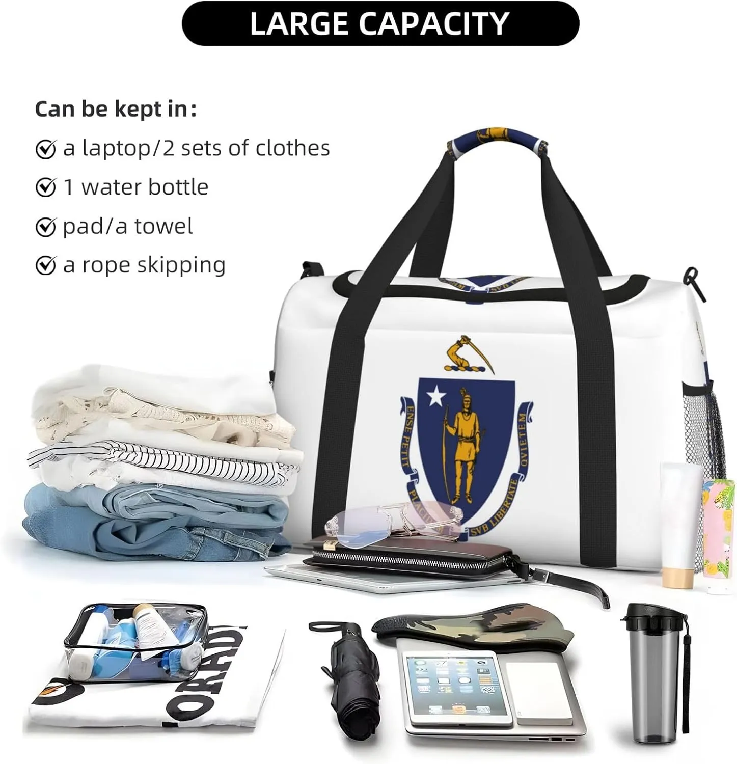 Flag Of Massachusetts Travel Duffel Bag Large Foldable Waterproof Overnight Bag For Beach Swim Bags Pool Sports Gym