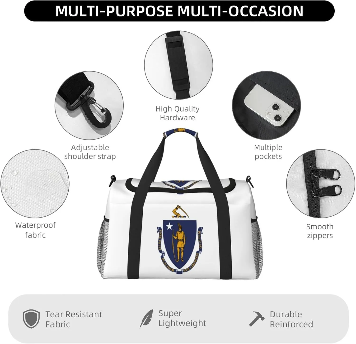 Flag Of Massachusetts Travel Duffel Bag Large Foldable Waterproof Overnight Bag For Beach Swim Bags Pool Sports Gym