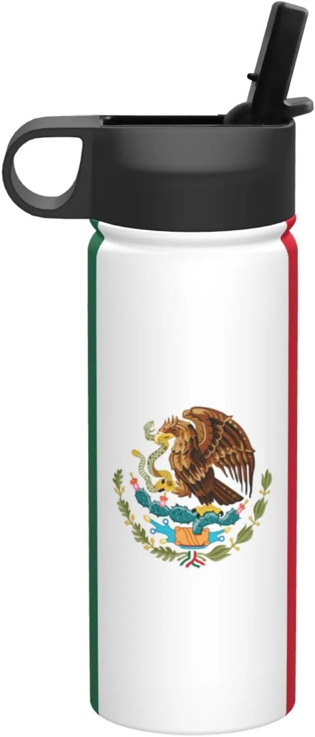 Flag of Mexico Print Flask Stainless Steel Water Bottle with Straw 18OZ FOR Outdoor Gym Commute