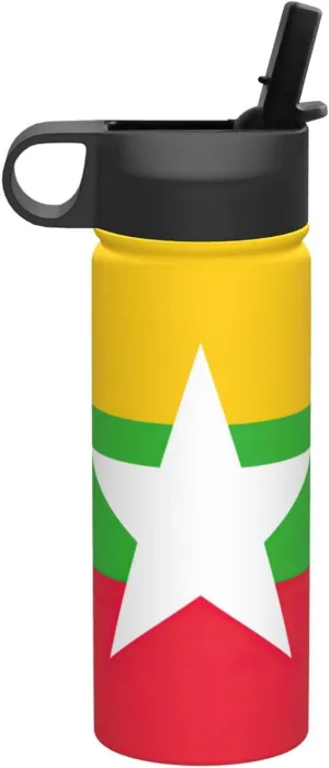 Flag of Myanmar Print Flask Stainless Steel Water Bottle with Straw 18OZ FOR Outdoor Gym Commute