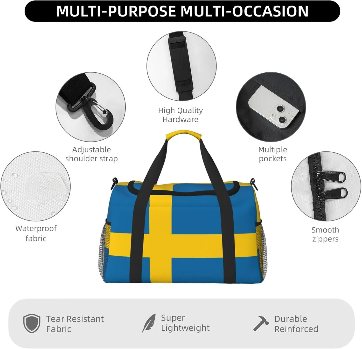Flag Of Sweden Travel Duffel Bag Large Foldable Waterproof Overnight Bag For Beach Swim Bags Pool Sports Gym