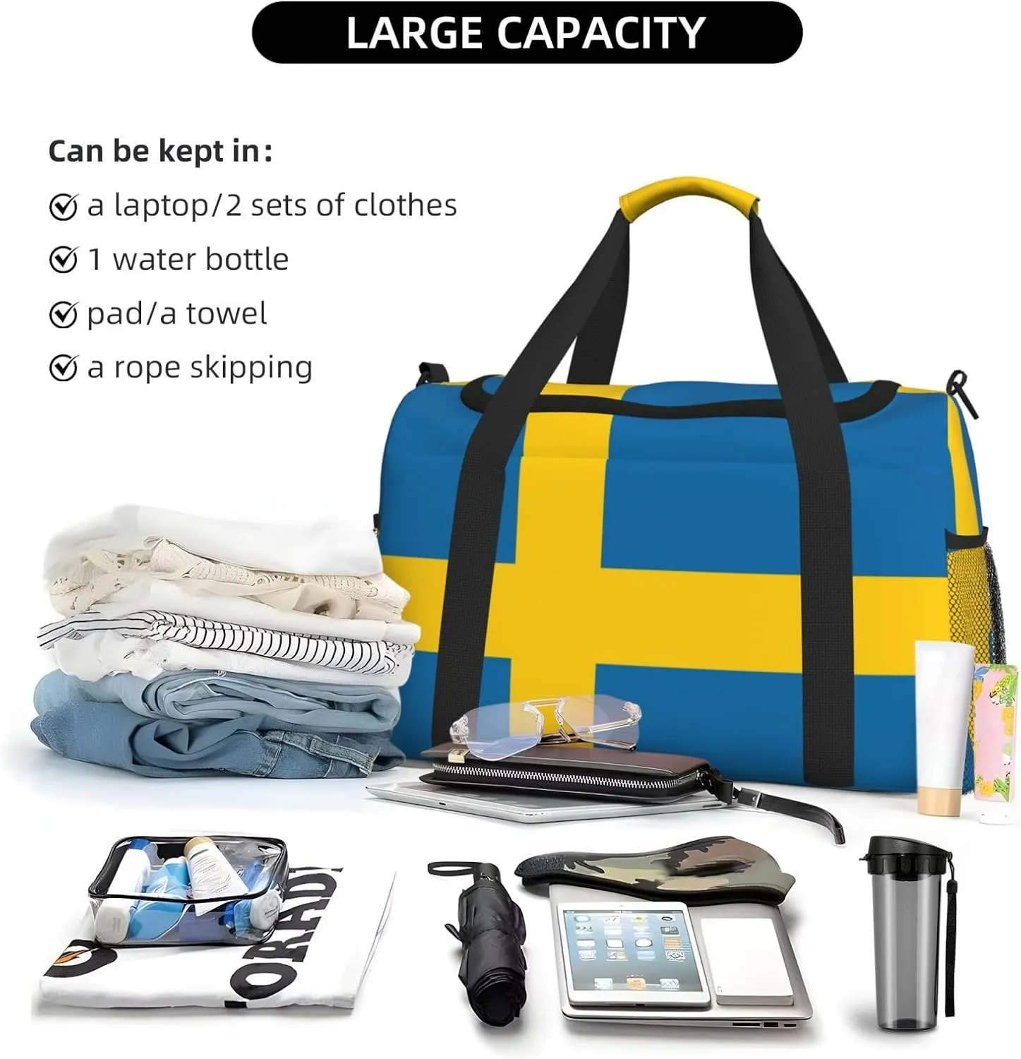 Flag Of Sweden Travel Duffel Bag Large Foldable Waterproof Overnight Bag For Beach Swim Bags Pool Sports Gym