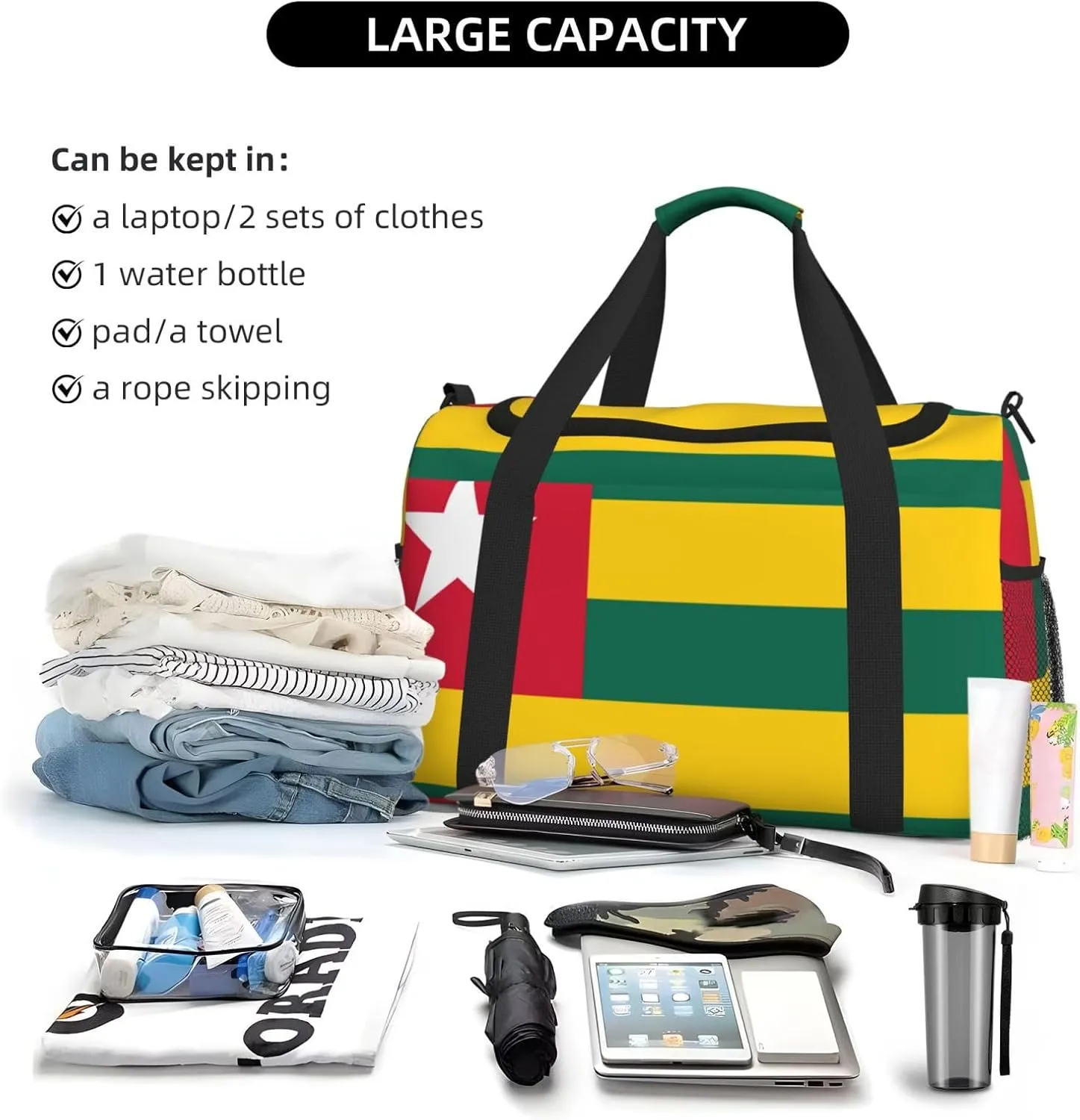 Flag Of Togo Travel Duffel Bag Large Foldable Waterproof Overnight Bag For Beach Swim Bags Pool Sports Gym