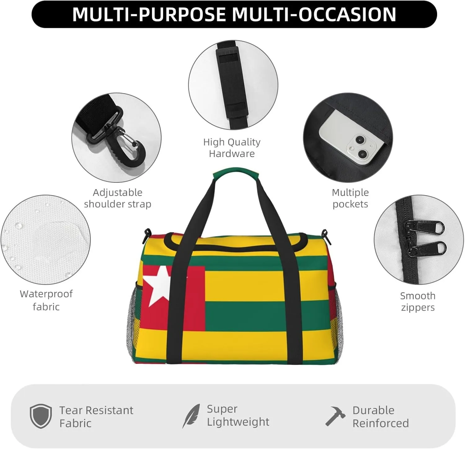 Flag Of Togo Travel Duffel Bag Large Foldable Waterproof Overnight Bag For Beach Swim Bags Pool Sports Gym