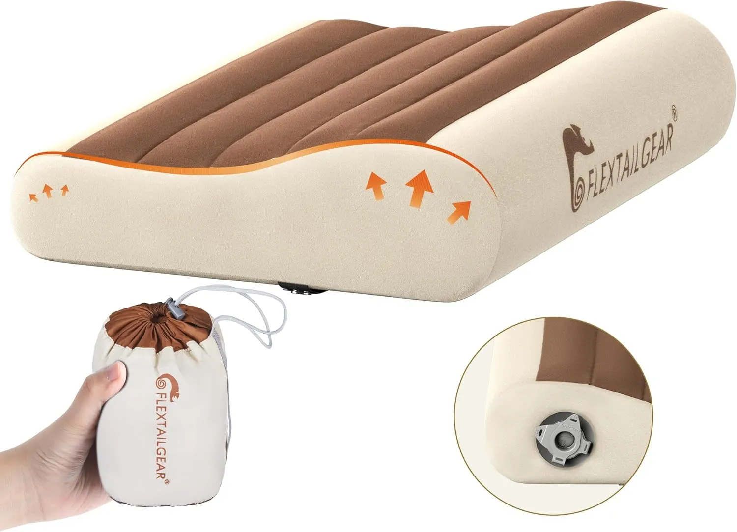 FLEXTAILGEAR Inflatable Camping Pillow, Ergonomic Travel Pillow, Ultralight Beach Pillow with Removable Cover Separate TPU Bladder for Camping, Hiking, Airplane, Road Trip, Office(Brown)