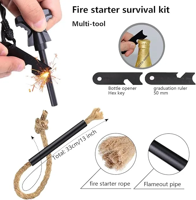 Flint and Steel Fire Starter Kit - Premium Ferro Rod and Magnesium Stick with Tinder Hemp Rope - Portable Fire Starter Survival Tool for Campfires/Camping/Bushcraft/Hiking and Emergency Rescue.