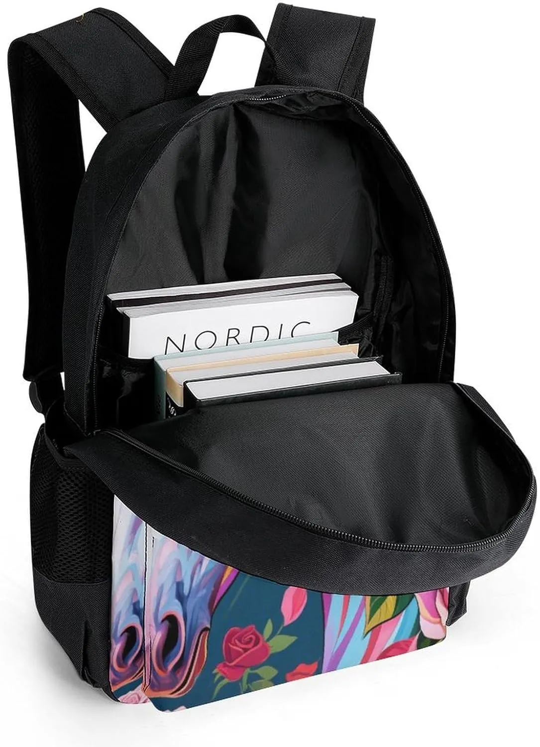 Floral Horse Roses Art Shoulder Book Bags Polyester Multipurpose Anti-Theft Carry On Bag Large Capacity Travel Hiking & Camping Rucksack