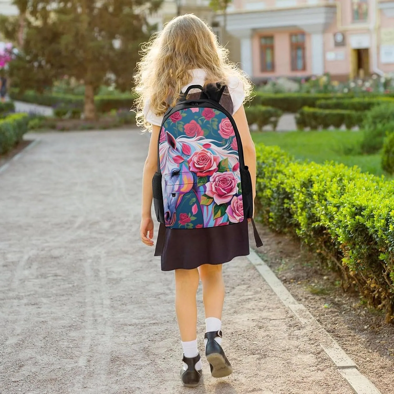 Floral Horse Roses Art Shoulder Book Bags Polyester Multipurpose Anti-Theft Carry On Bag Large Capacity Travel Hiking & Camping Rucksack