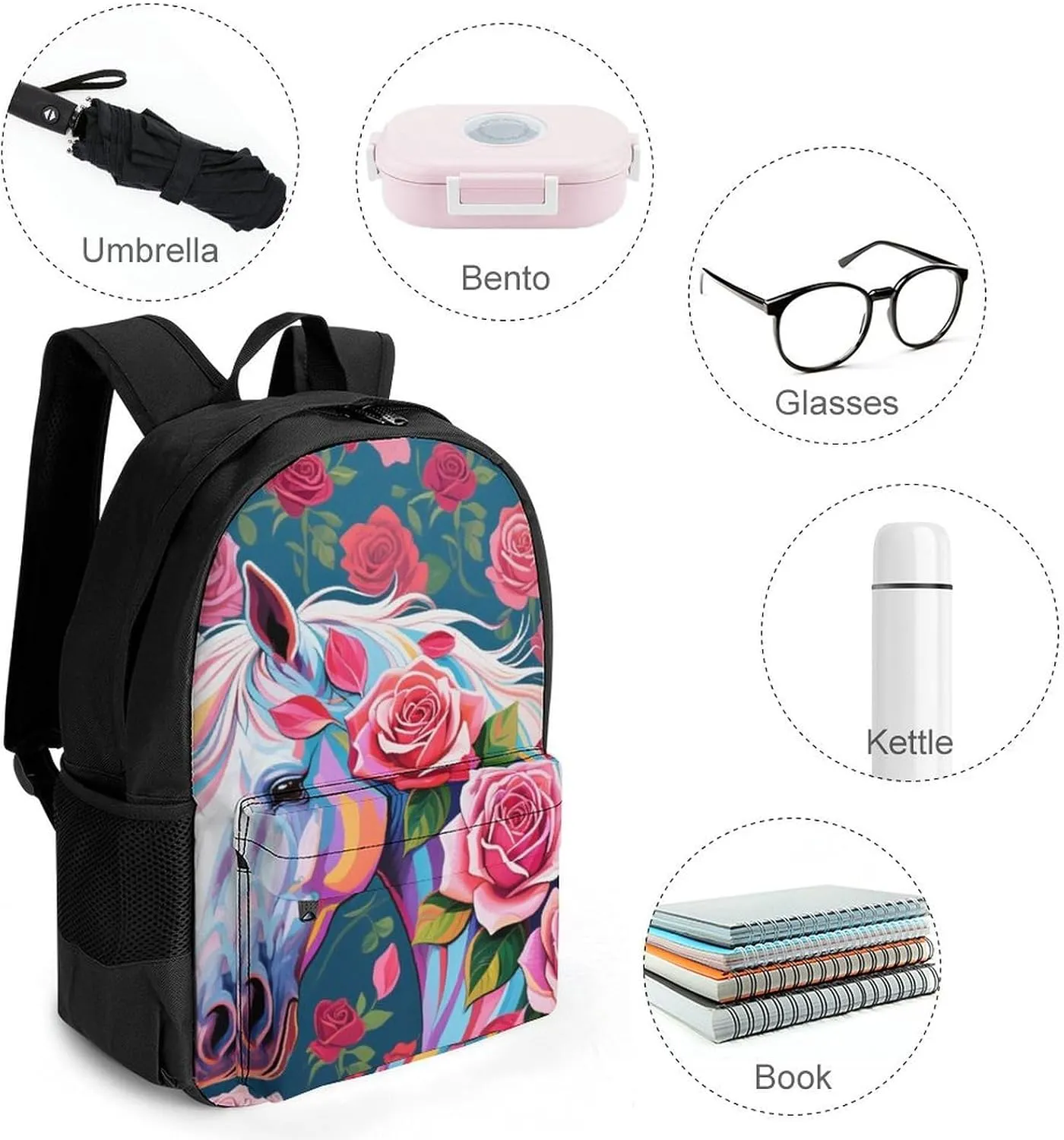 Floral Horse Roses Art Shoulder Book Bags Polyester Multipurpose Anti-Theft Carry On Bag Large Capacity Travel Hiking & Camping Rucksack