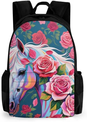 Floral Horse Roses Art Shoulder Book Bags Polyester Multipurpose Anti-Theft Carry On Bag Large Capacity Travel Hiking & Camping Rucksack
