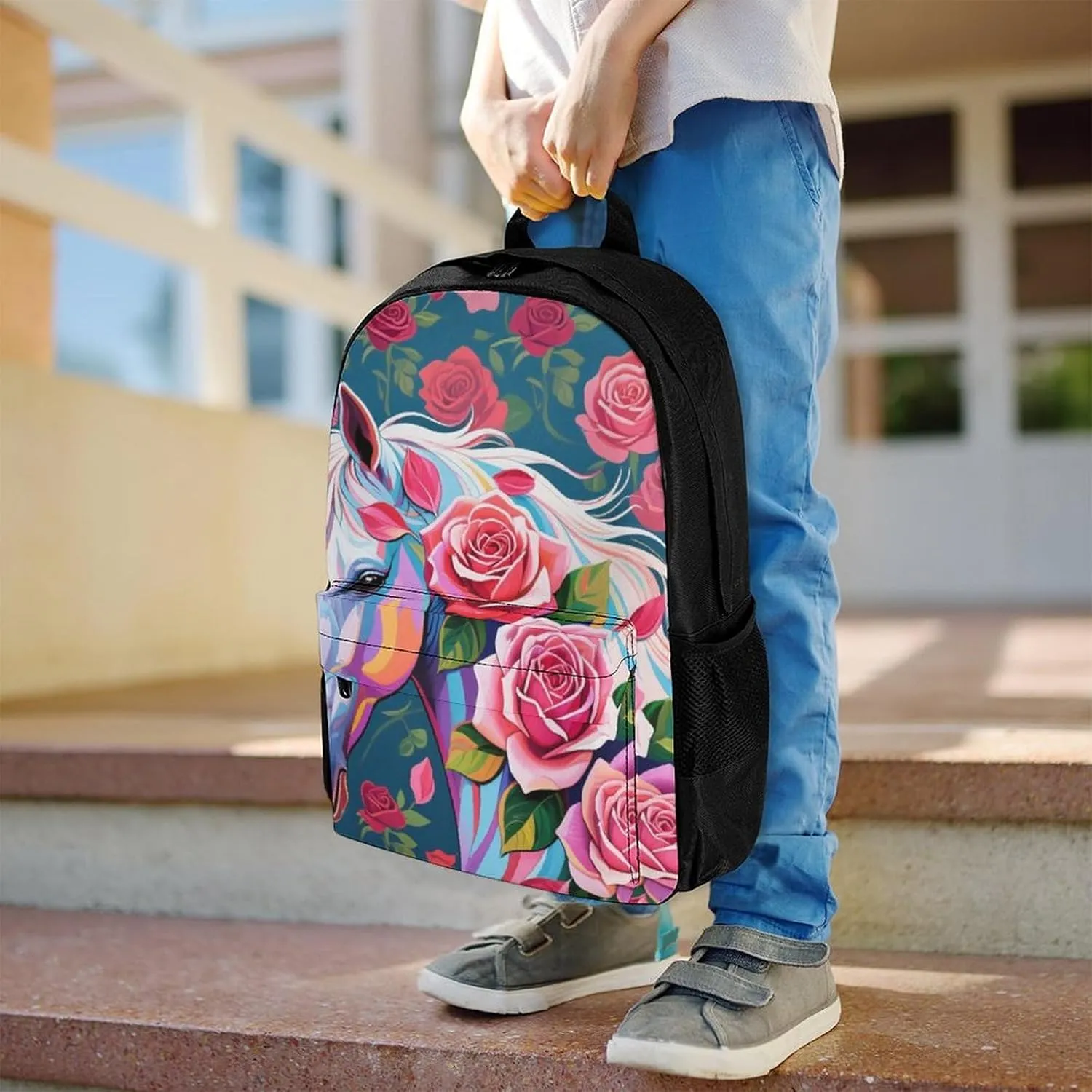 Floral Horse Roses Art Shoulder Book Bags Polyester Multipurpose Anti-Theft Carry On Bag Large Capacity Travel Hiking & Camping Rucksack