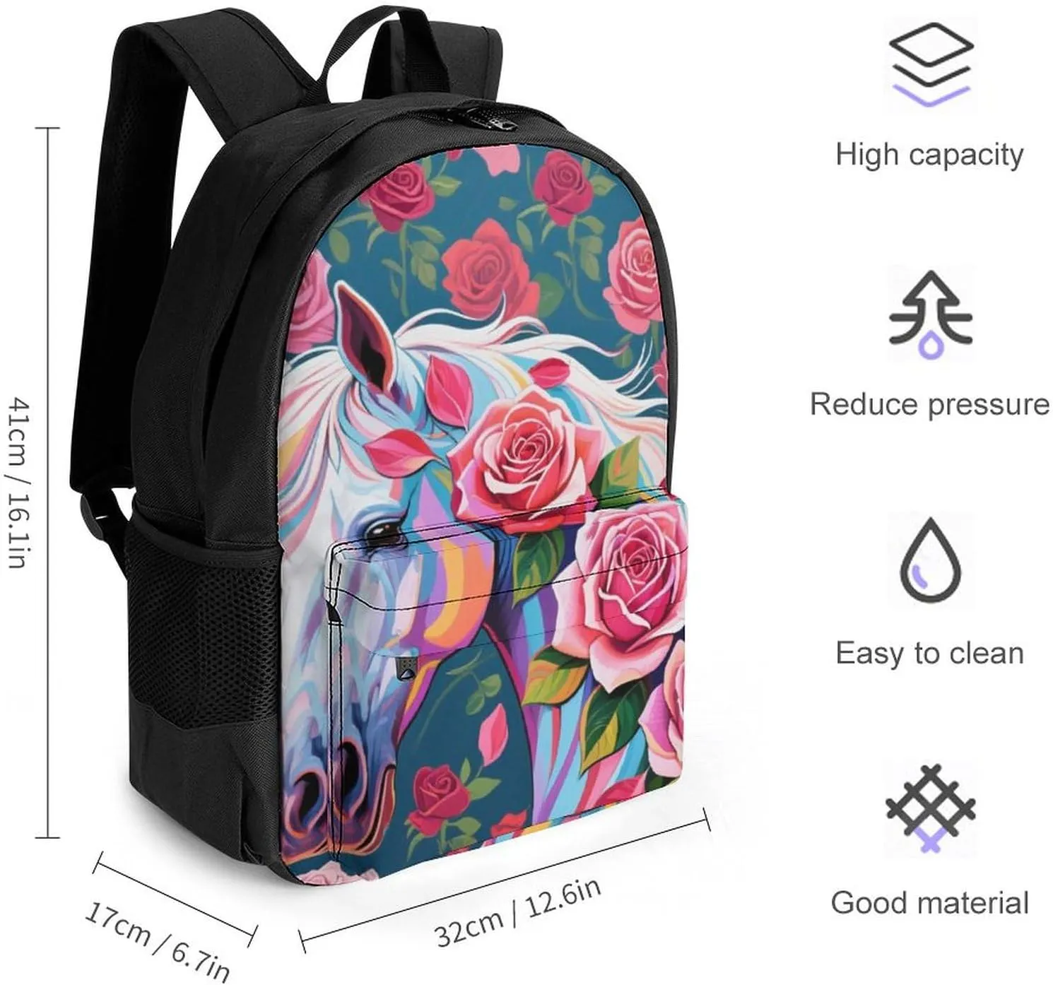 Floral Horse Roses Art Shoulder Book Bags Polyester Multipurpose Anti-Theft Carry On Bag Large Capacity Travel Hiking & Camping Rucksack