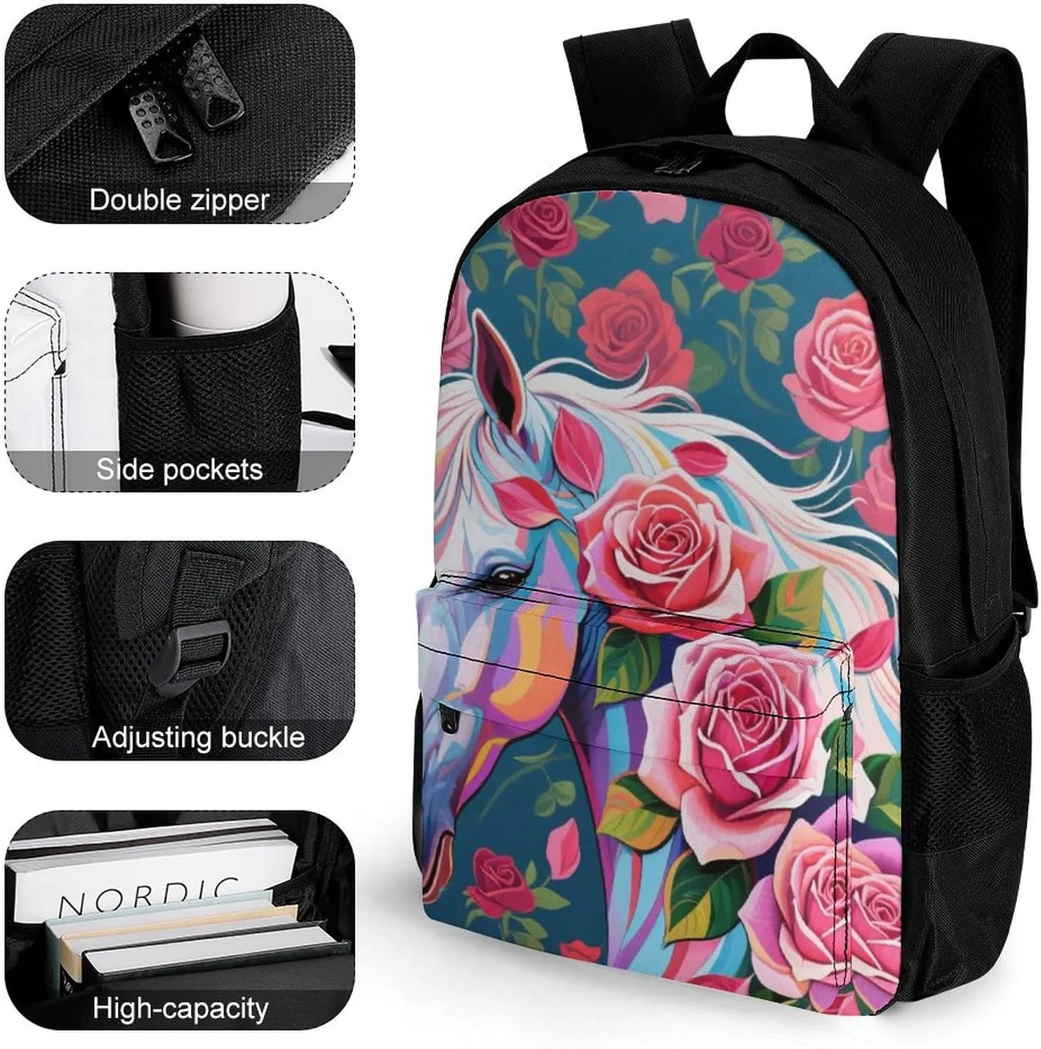 Floral Horse Roses Art Shoulder Book Bags Polyester Multipurpose Anti-Theft Carry On Bag Large Capacity Travel Hiking & Camping Rucksack