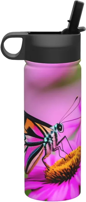 Floral with Butterfly Print Flask Stainless Steel Water Bottle with Straw 18OZ FOR Outdoor Gym Commute