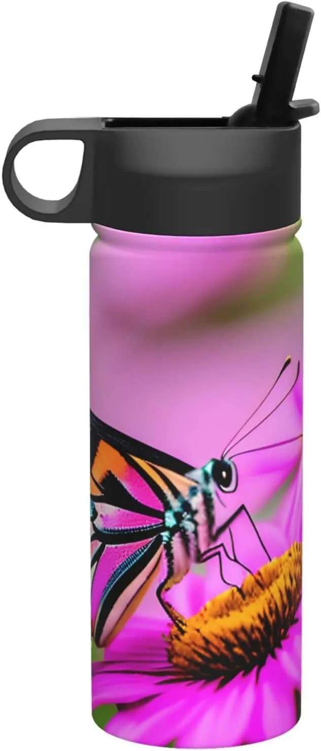Floral with Butterfly Print Flask Stainless Steel Water Bottle with Straw 18OZ FOR Outdoor Gym Commute