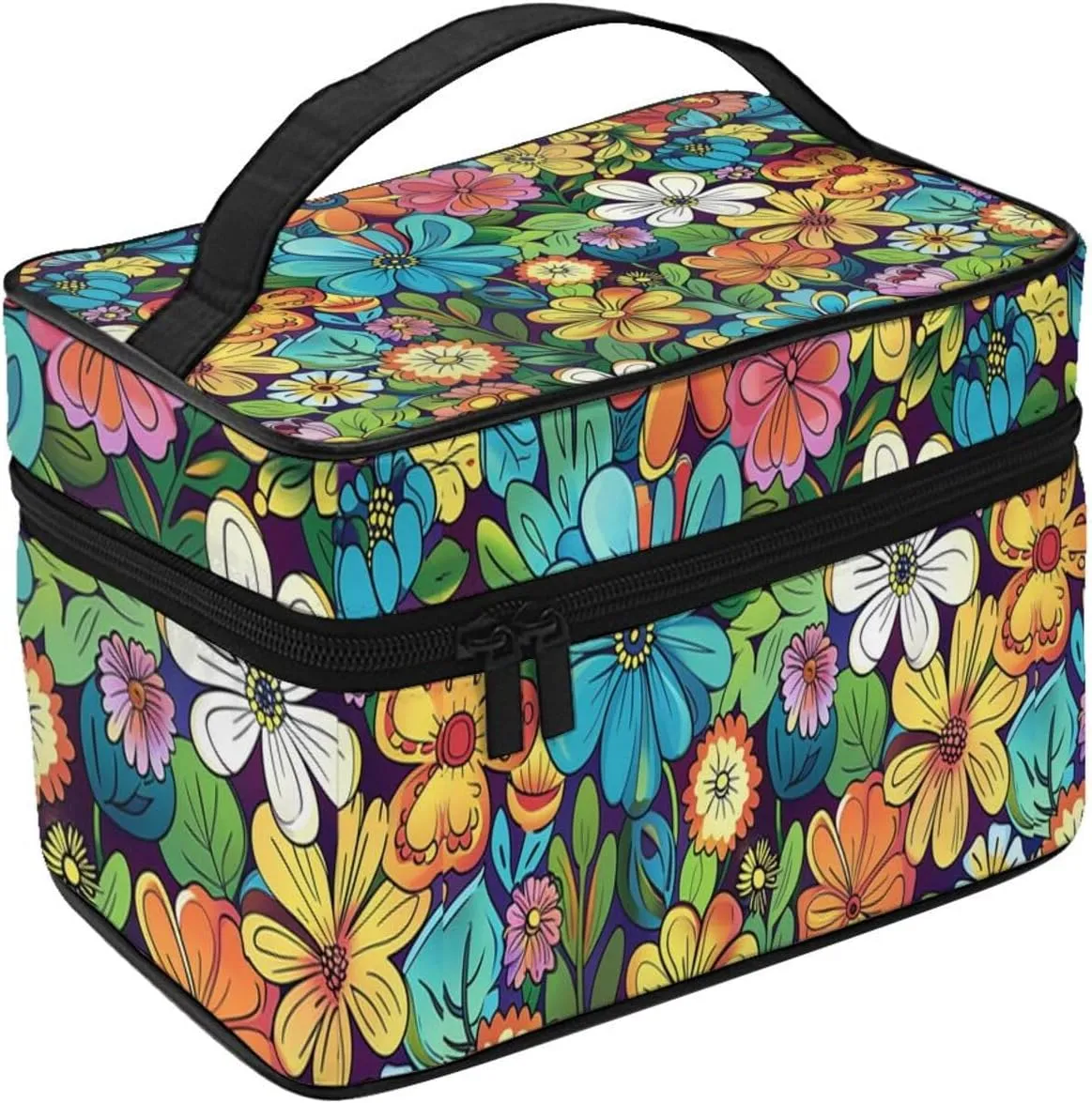Flowers Cartoon Makeup Bag for Women Travel Cosmetic Bag Large Makeup Case Portable Toiletry Skincare Organizer Bag