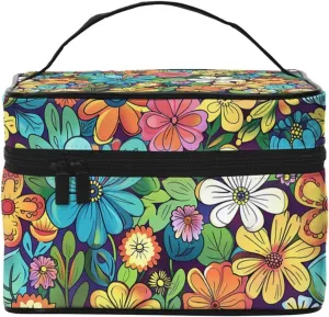 Flowers Cartoon Makeup Bag for Women Travel Cosmetic Bag Large Makeup Case Portable Toiletry Skincare Organizer Bag