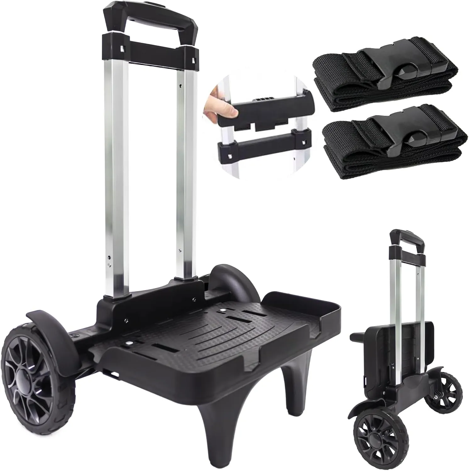 Folding Backpack Trolley with Large Solid Tank Wheels, Aluminum Alloy Luggage Cart with Edge Guard Base, Universal Hand Truck for Backpacks, Lunch Backpack,Golf Bag, Teenagers, Adults, School, Travel