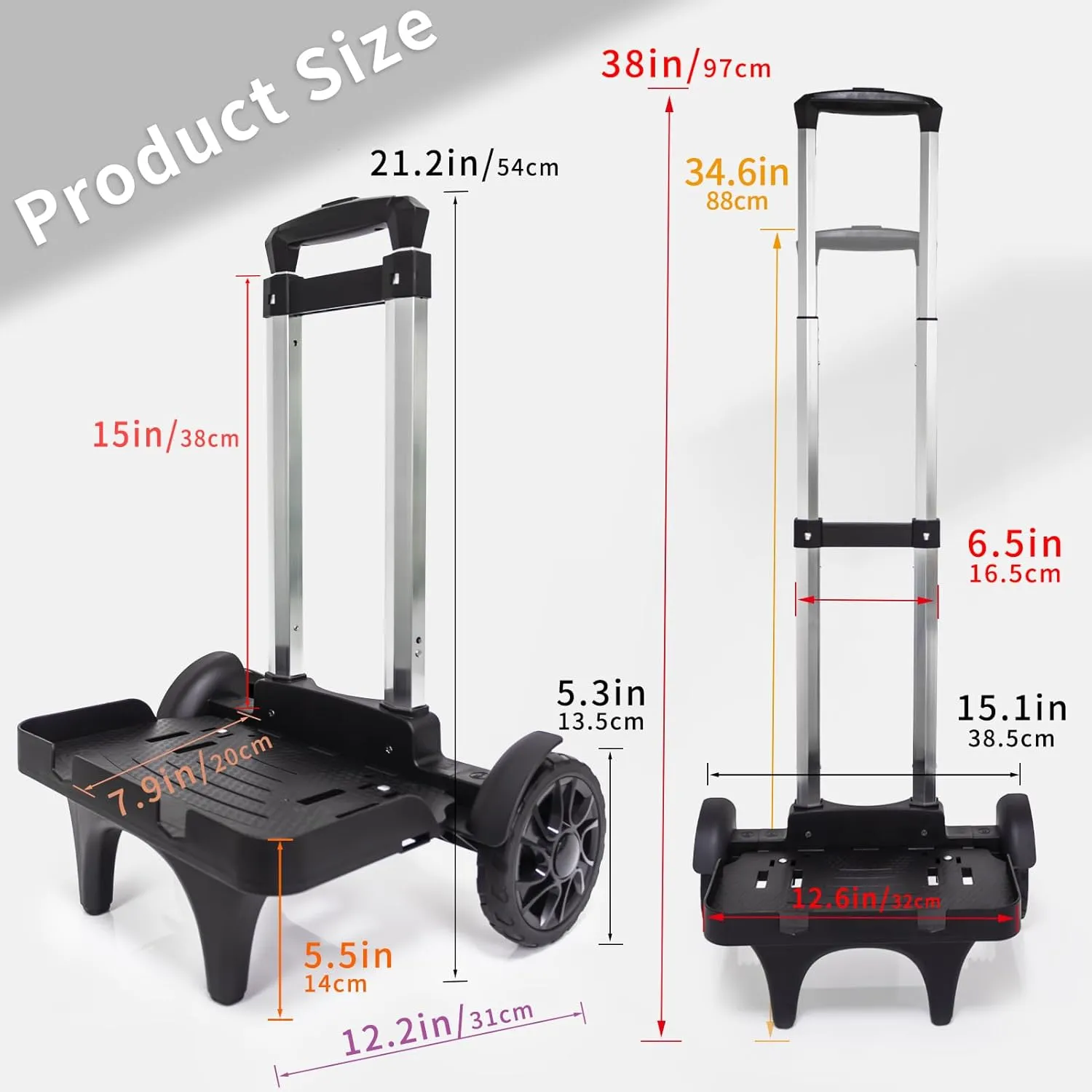 Folding Backpack Trolley with Large Solid Tank Wheels, Aluminum Alloy Luggage Cart with Edge Guard Base, Universal Hand Truck for Backpacks, Lunch Backpack,Golf Bag, Teenagers, Adults, School, Travel