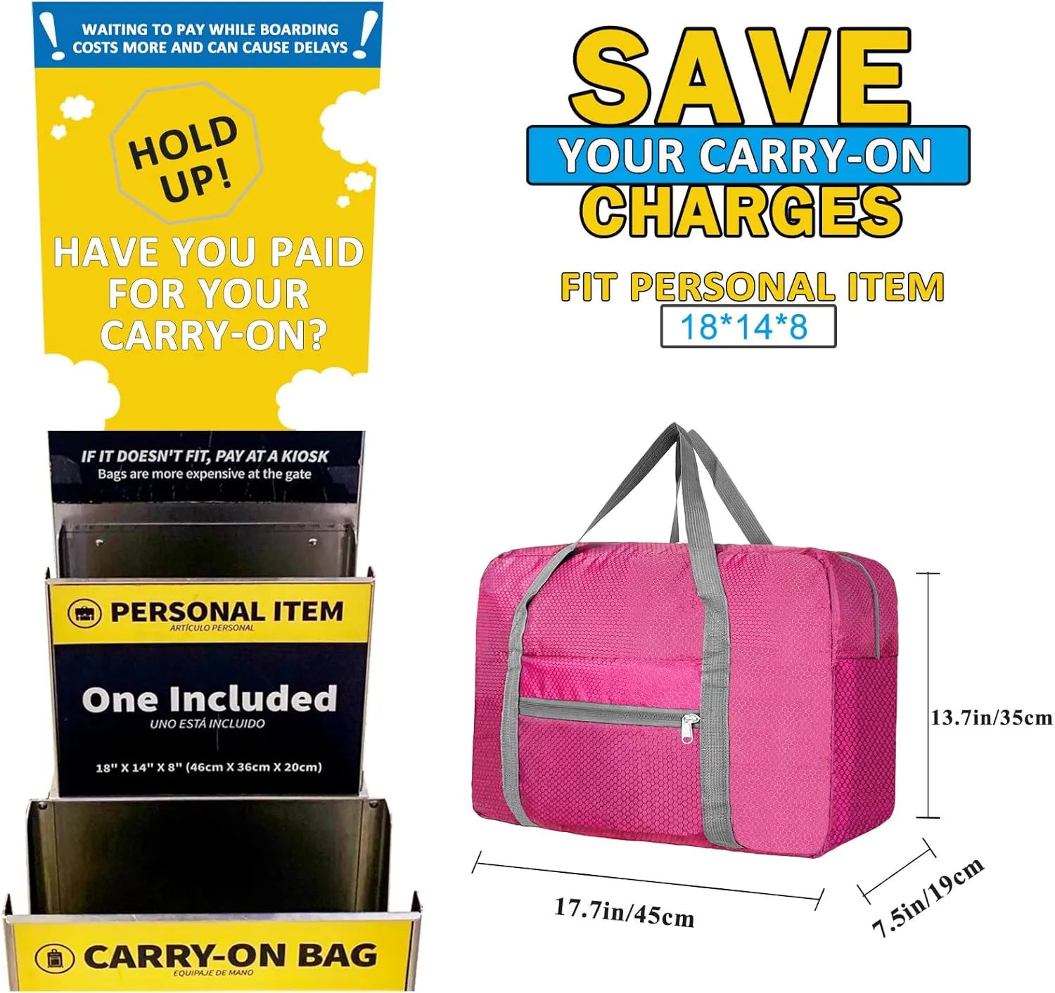 For Spirit Airlines Personal Item Bag 18x14x8 Foldable Carry on Bags for Airplanes Travel Duffel Bags for Women and Men