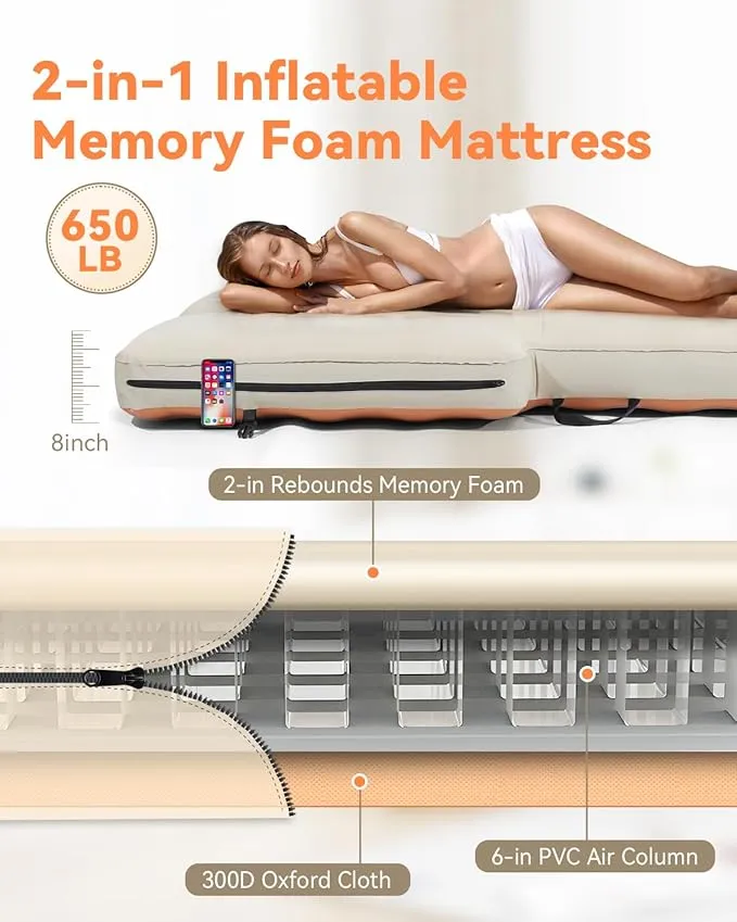 for Tesla Model Y Mattress, Inflatable Camping Bed for Model Y Mattress with Electric Air Pump, Two-in-One Fusion of Air and Memory Foam