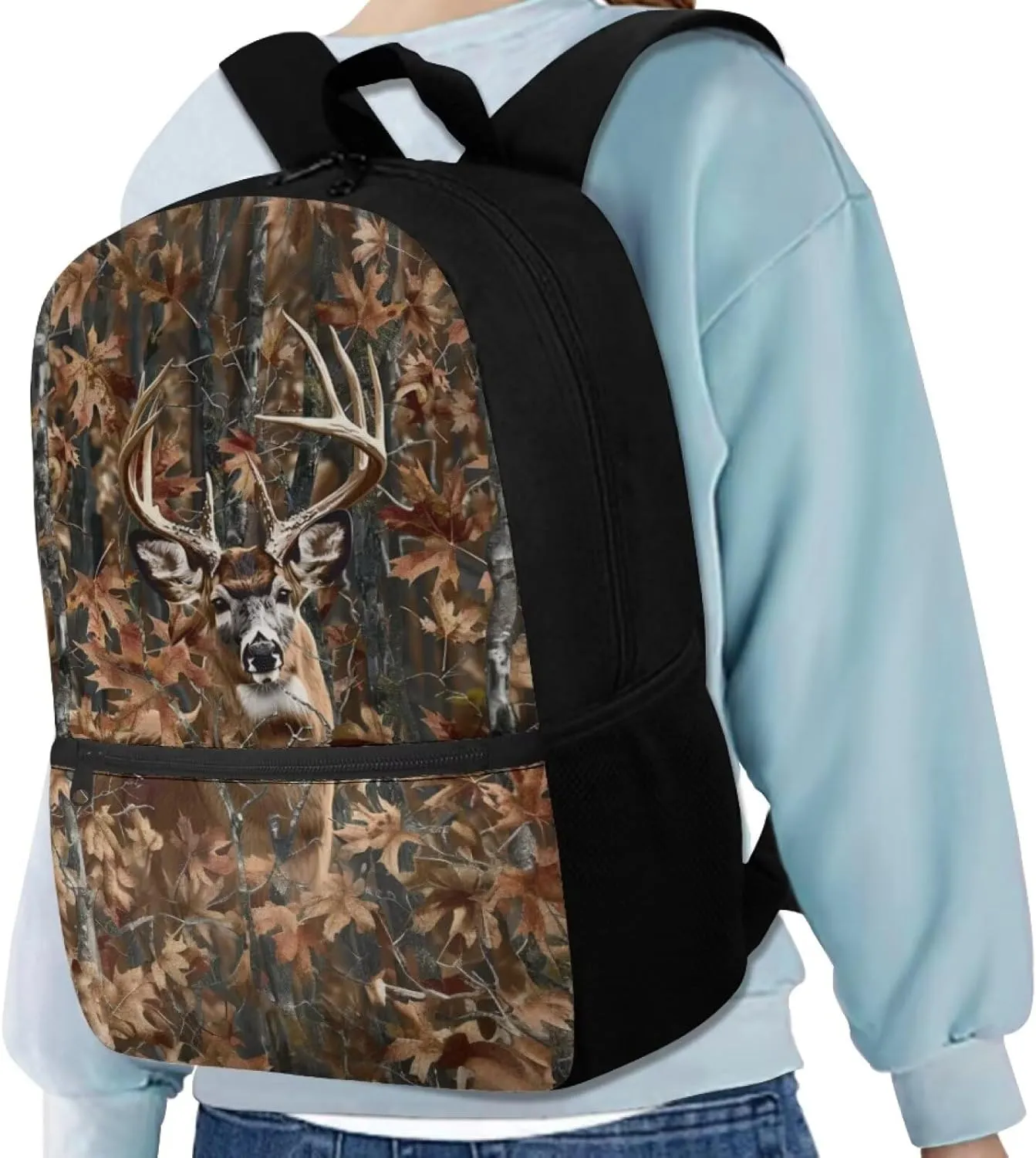Forest Camo Deer Boys Bookbag for Preschool Kids Backpacks for 2Nd 3Rd 4Th Girls Brown School Bags for Age 5-14 Child Book Bags with Double Zipper Niños Daypack