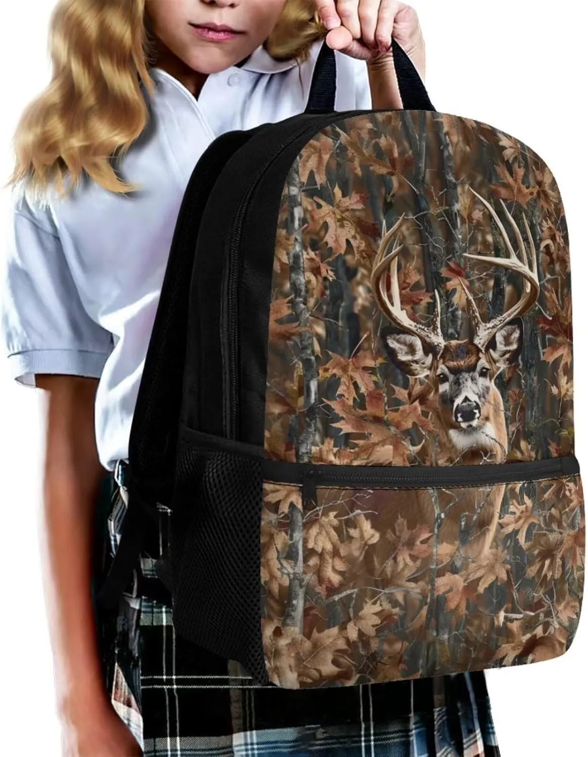 Forest Camo Deer Boys Bookbag for Preschool Kids Backpacks for 2Nd 3Rd 4Th Girls Brown School Bags for Age 5-14 Child Book Bags with Double Zipper Niños Daypack