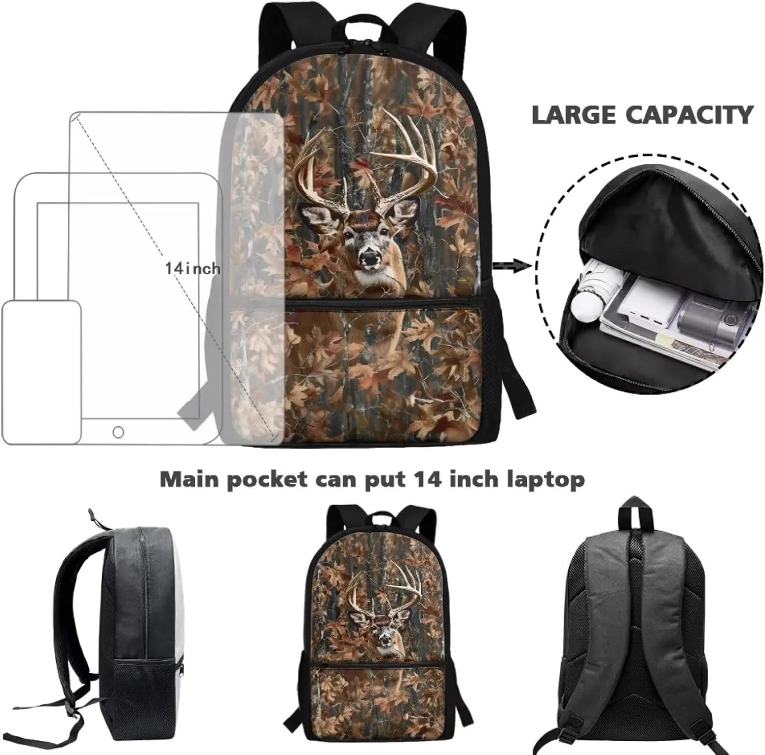 Forest Camo Deer Boys Bookbag for Preschool Kids Backpacks for 2Nd 3Rd 4Th Girls Brown School Bags for Age 5-14 Child Book Bags with Double Zipper Niños Daypack