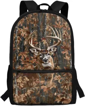 Forest Camo Deer Boys Bookbag for Preschool Kids Backpacks for 2Nd 3Rd 4Th Girls Brown School Bags for Age 5-14 Child Book Bags with Double Zipper Niños Daypack