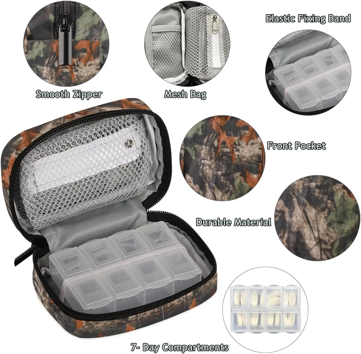 Forest Tree Camo Camouflage Pill Box Small Pill Travel Organizer 7 Day Weekly Medicine Pill Case Cute Compact Size Vitamin Container Pill Bottle Portable Pill Holder Bag with Zipper