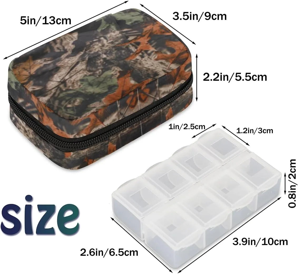 Forest Tree Camo Camouflage Pill Box Small Pill Travel Organizer 7 Day Weekly Medicine Pill Case Cute Compact Size Vitamin Container Pill Bottle Portable Pill Holder Bag with Zipper