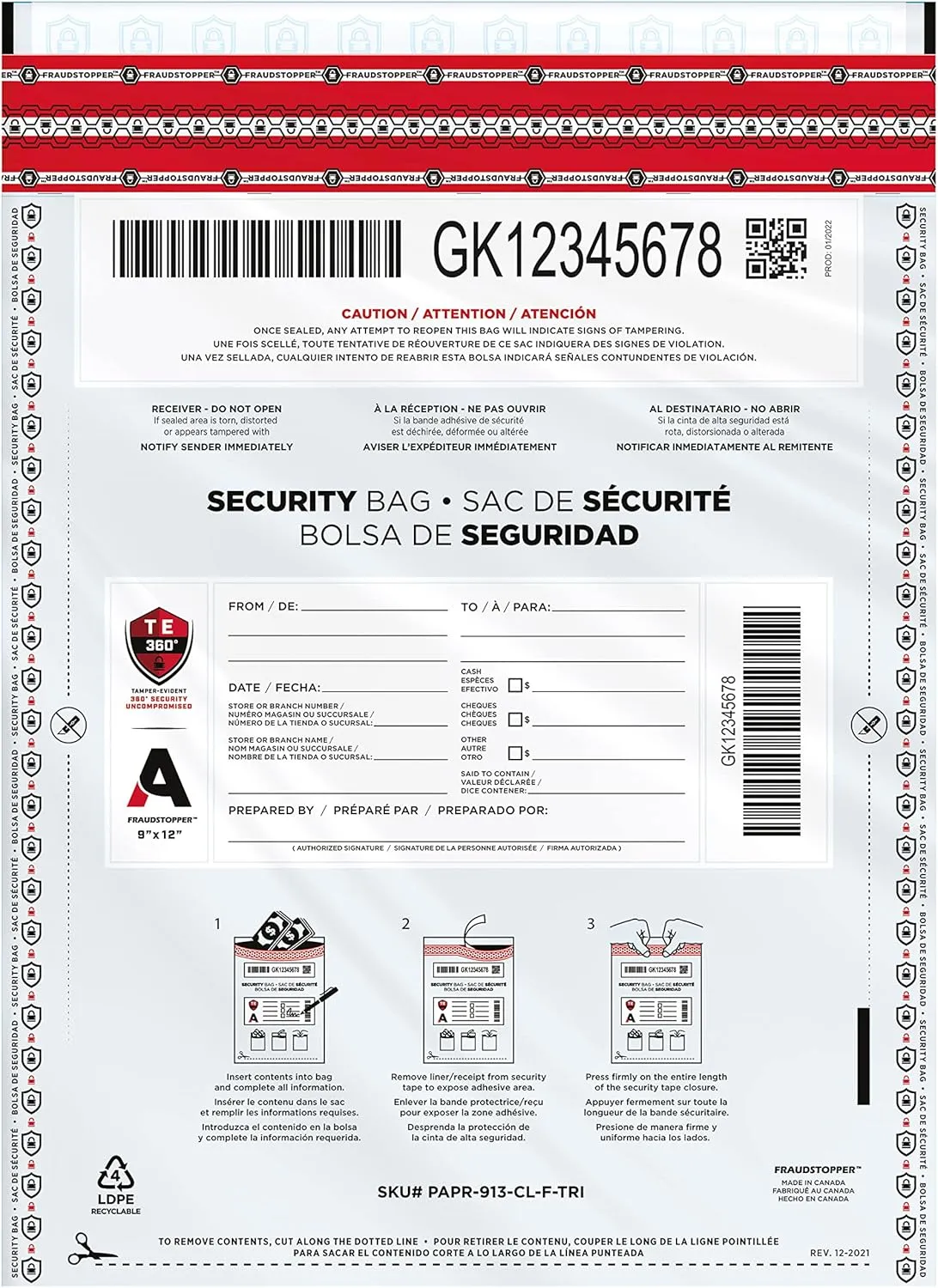 Fraudstopper Level 4 9x12 Clear Tamper Evident Bag (100)