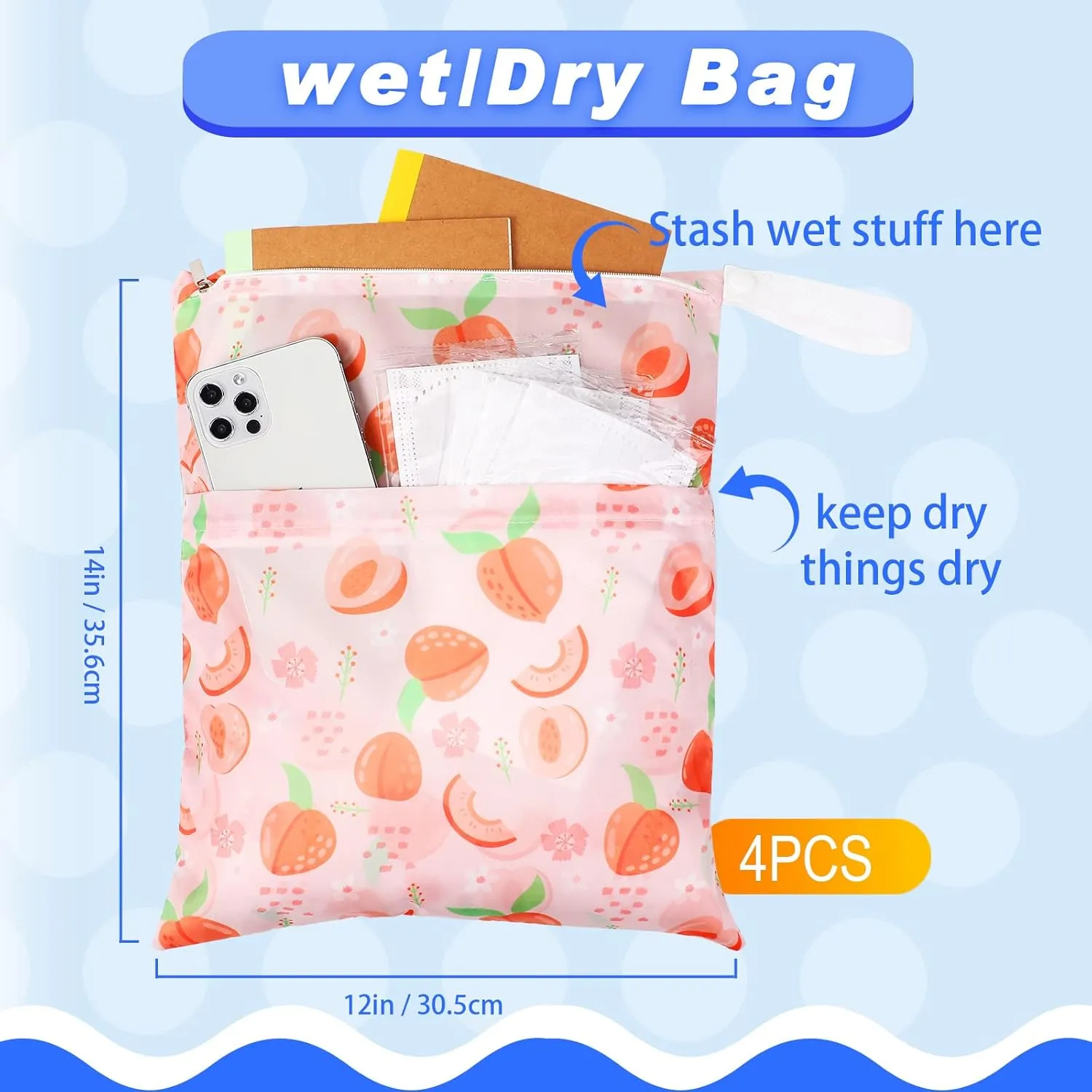 Frienda 4 Pieces Wet Dry Bag for Baby Waterproof Reusable Washable Diaper Bag Sealed with Handle for Travel, Beach, Swimsuit, Diapers, Dirty Gym Clothes and Toiletries (Fruit)