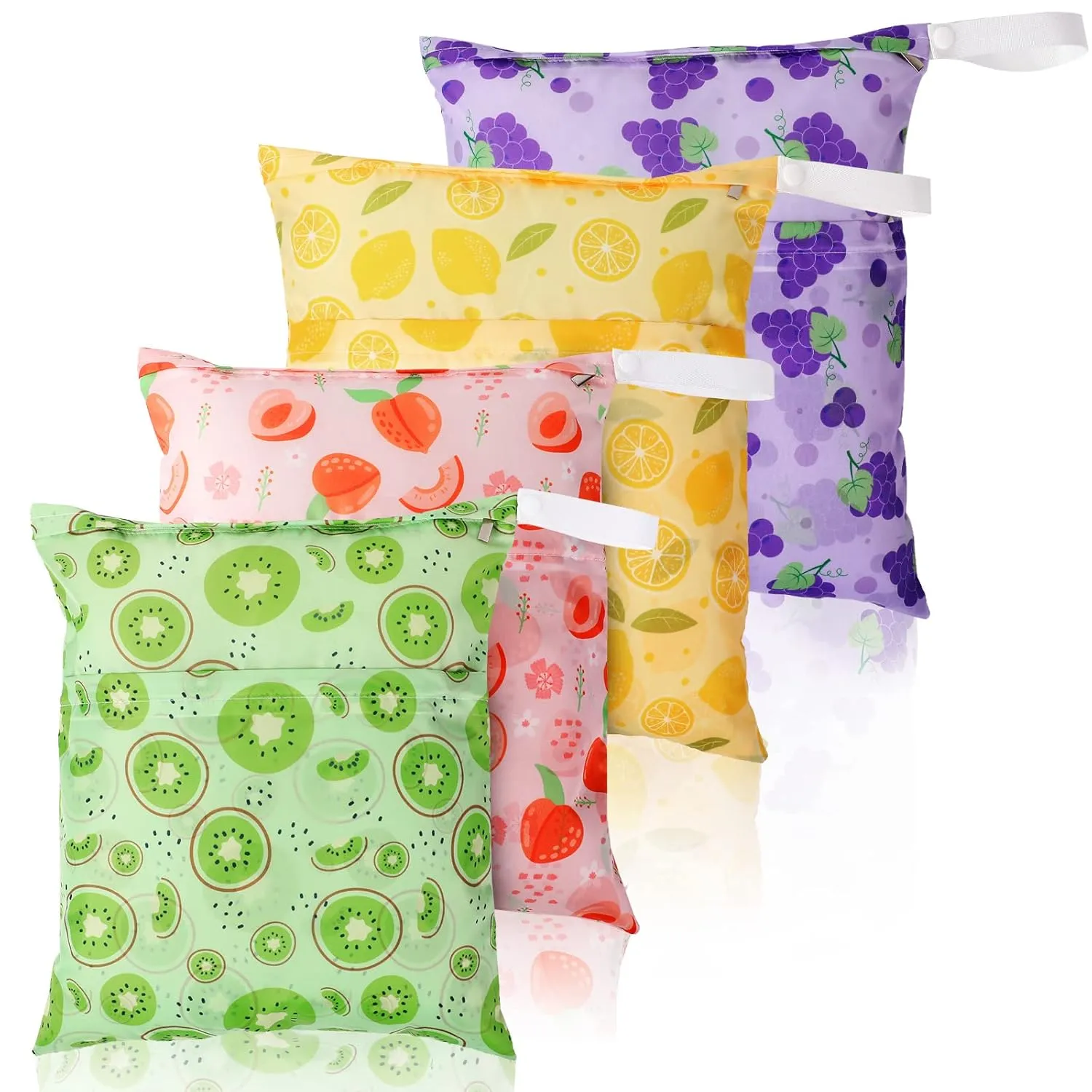 Frienda 4 Pieces Wet Dry Bag for Baby Waterproof Reusable Washable Diaper Bag Sealed with Handle for Travel, Beach, Swimsuit, Diapers, Dirty Gym Clothes and Toiletries (Fruit)