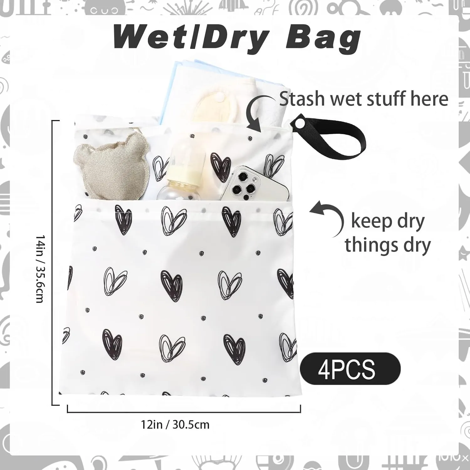 Frienda 4 Pieces Wet Dry Bag for Baby Waterproof Reusable Washable Diaper Bag Sealed with Handle for Travel, Beach, Swimsuit, Diapers, Dirty Gym Clothes and Toiletries (Heart)