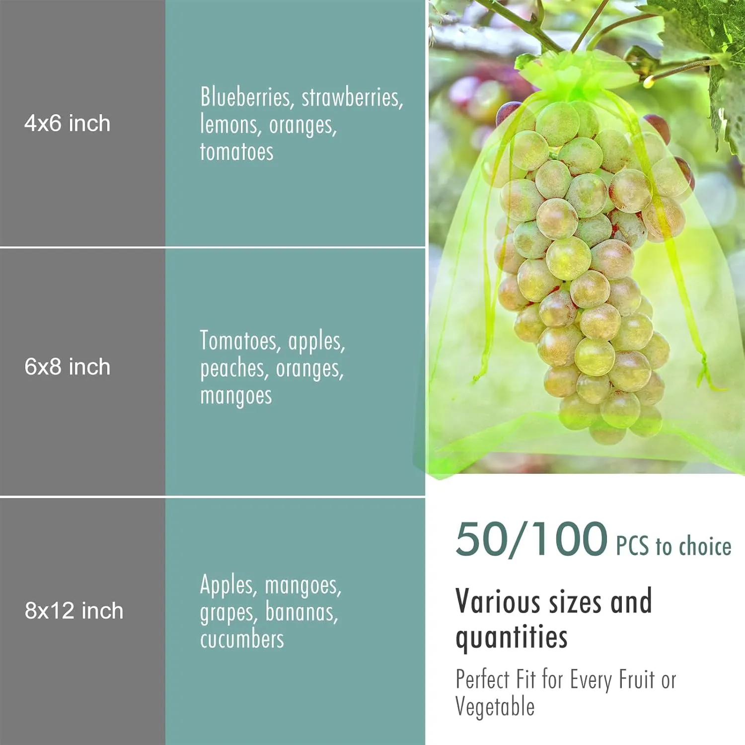Fruit Protection Bags, Fetanten 100 PCS 8 x 12 Inch Mesh Drawstring Bag for Fruit Trees, Small Green Garden Fruit Plant Netting Cover Bag Protect Tomato Apple Mango Grape from Bird Insect Pest
