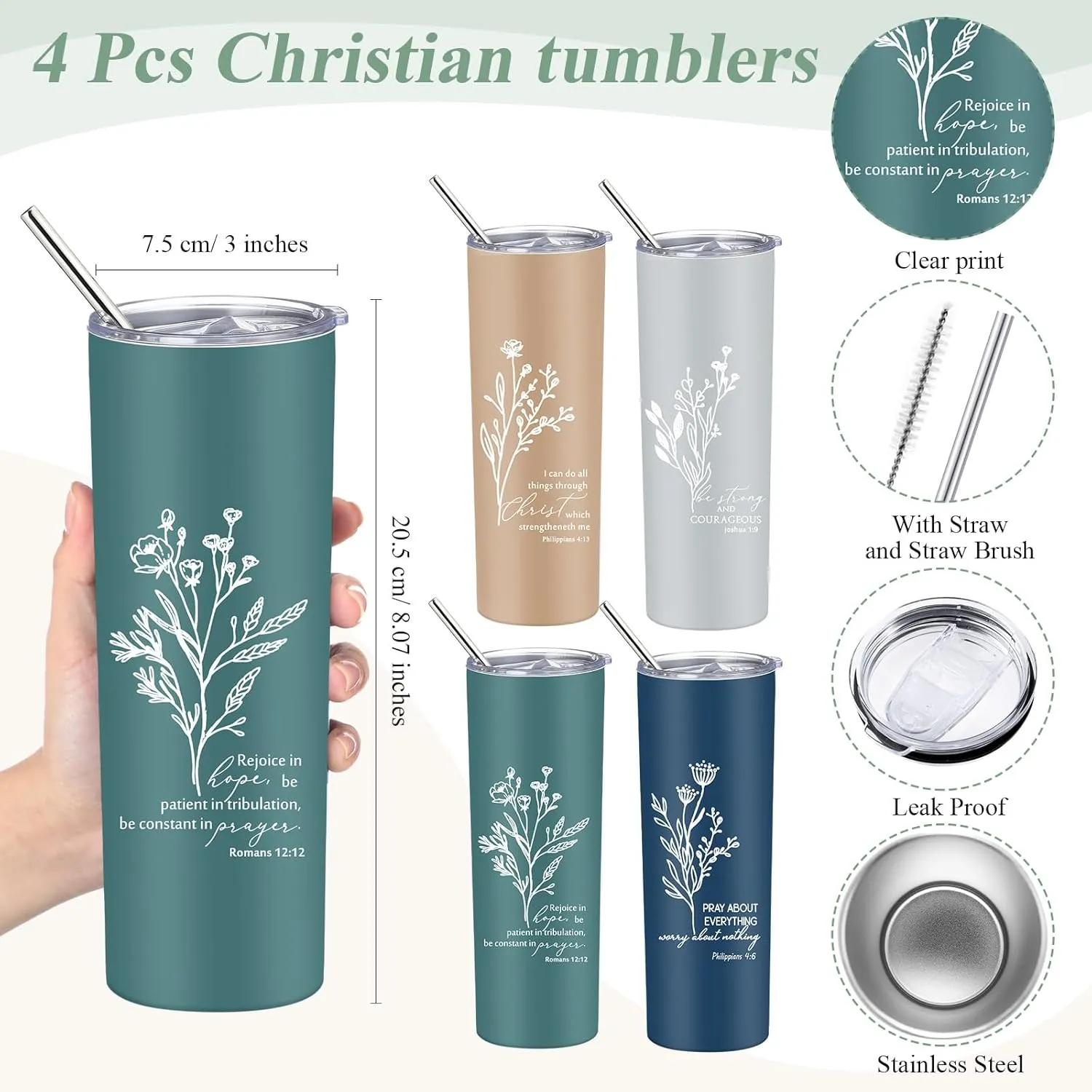 Fumete 4 Sets Christian Gifts for Women 20oz Bible Verse Tumbler Religious Makeup Cosmetic Bags Christian Silicone Keychains Inspirational Fathers Day Gifts for Church Men