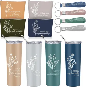 Fumete 4 Sets Christian Gifts for Women 20oz Bible Verse Tumbler Religious Makeup Cosmetic Bags Christian Silicone Keychains Inspirational Fathers Day Gifts for Church Men