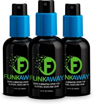 FunkAway Odor Eliminator Spray for Shoes, Clothes and Gear, 3.4 oz., 3 Pack, Non-Aerosol; Mini Size for Travel, Ideal for Gym Bag, Purse, Locker or Suitcase