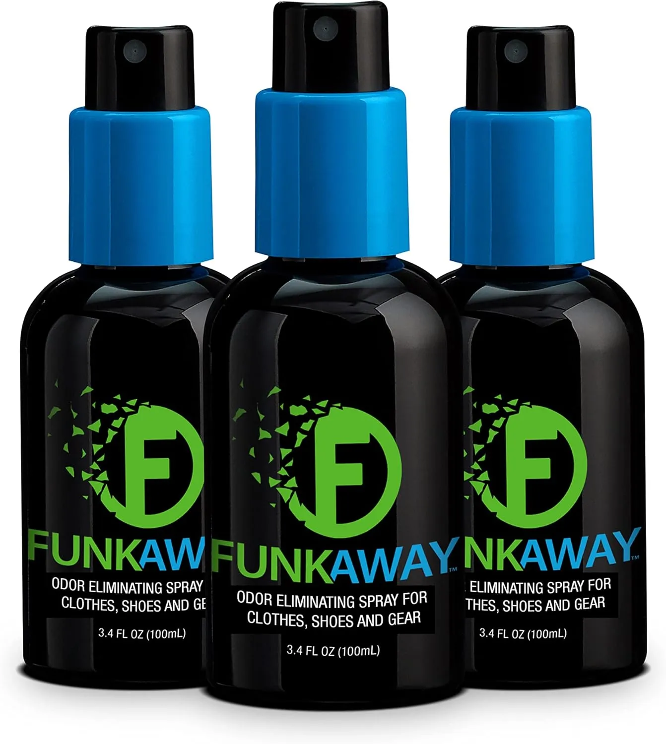 FunkAway Odor Eliminator Spray for Shoes, Clothes and Gear, 3.4 oz., 3 Pack, Non-Aerosol; Mini Size for Travel, Ideal for Gym Bag, Purse, Locker or Suitcase