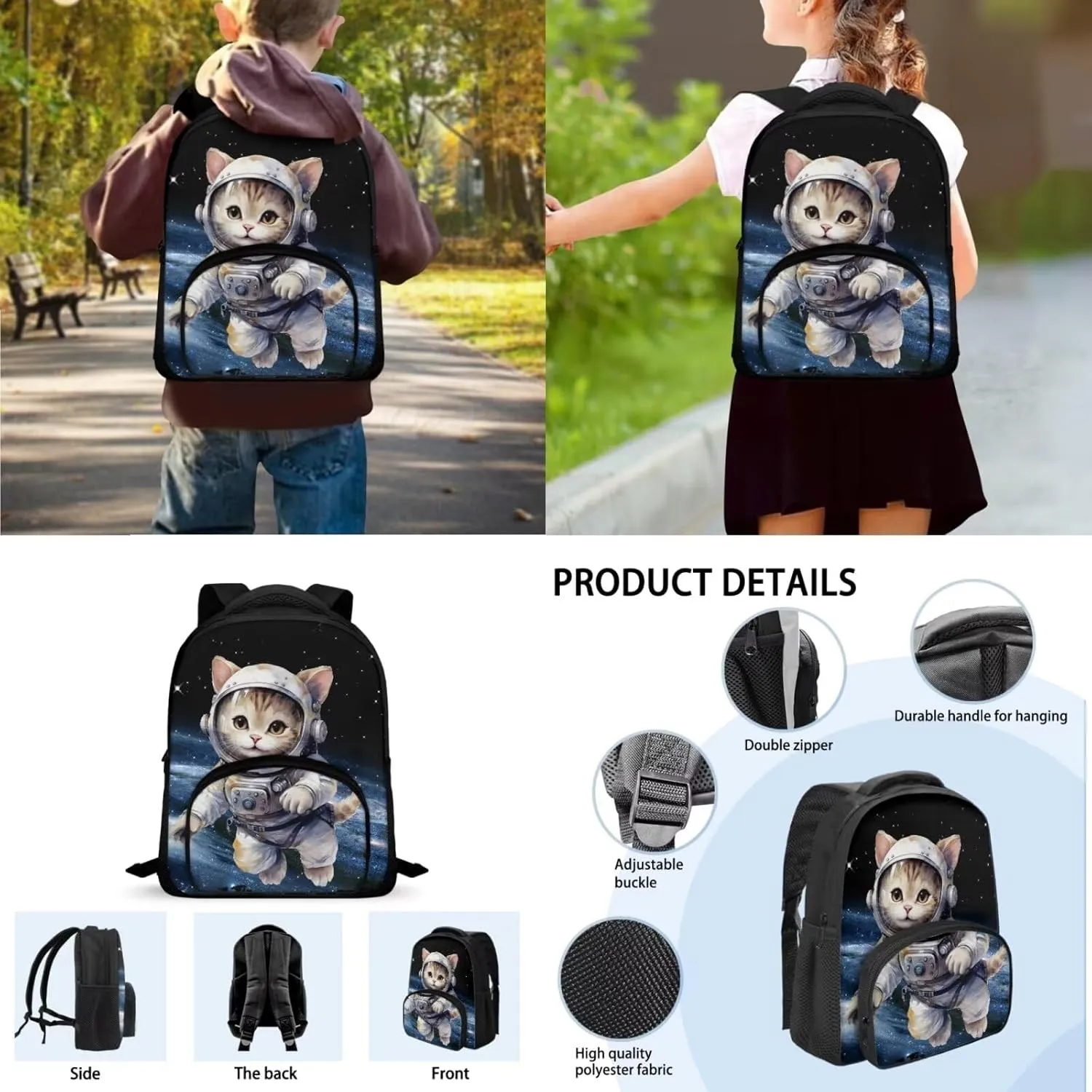 Funny Astronaut Cat Backpack for Boys 12 Inch School Bag for Preschool Elementary Bass Fish Backpack Bookbag with Lunch Box Pencil Case Set of 3Pcs Daypack Sackpack