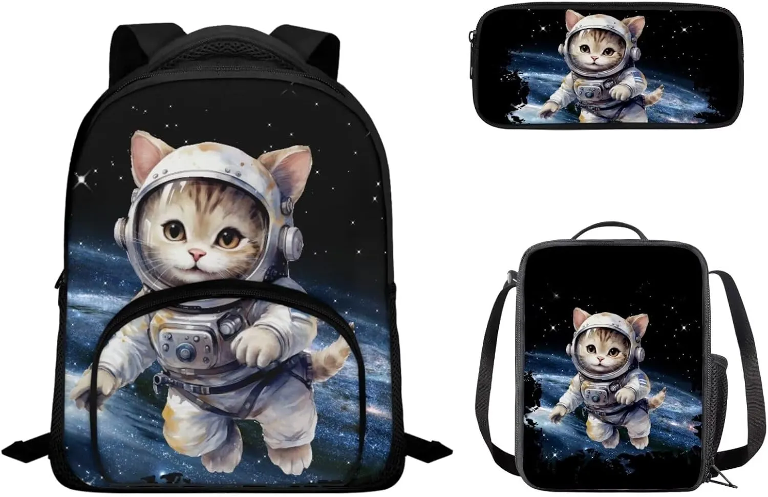Funny Astronaut Cat Backpack for Boys 12 Inch School Bag for Preschool Elementary Bass Fish Backpack Bookbag with Lunch Box Pencil Case Set of 3Pcs Daypack Sackpack