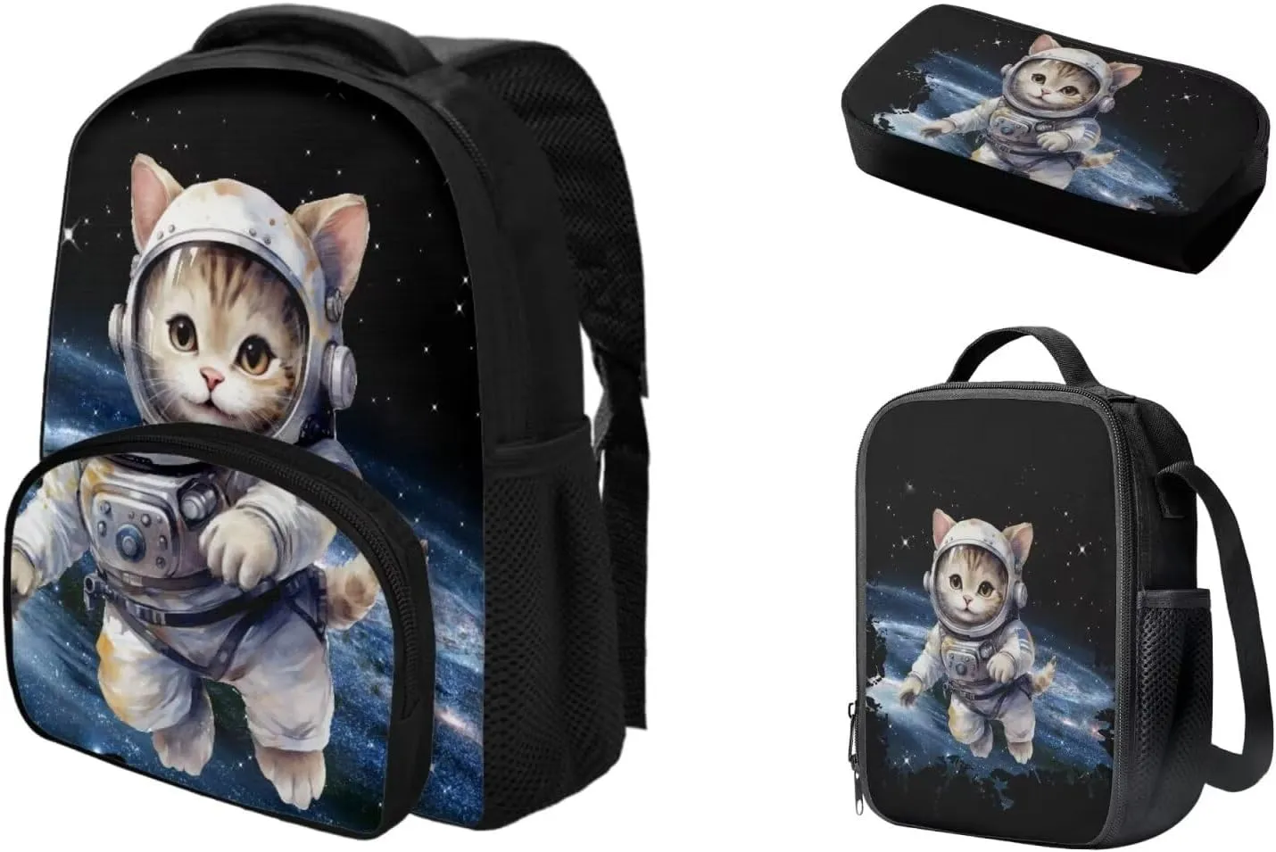 Funny Astronaut Cat Backpack for Boys 12 Inch School Bag for Preschool Elementary Bass Fish Backpack Bookbag with Lunch Box Pencil Case Set of 3Pcs Daypack Sackpack