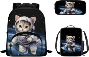 Funny Astronaut Cat Backpack for Boys 12 Inch School Bag for Preschool Elementary Bass Fish Backpack Bookbag with Lunch Box Pencil Case Set of 3Pcs Daypack Sackpack