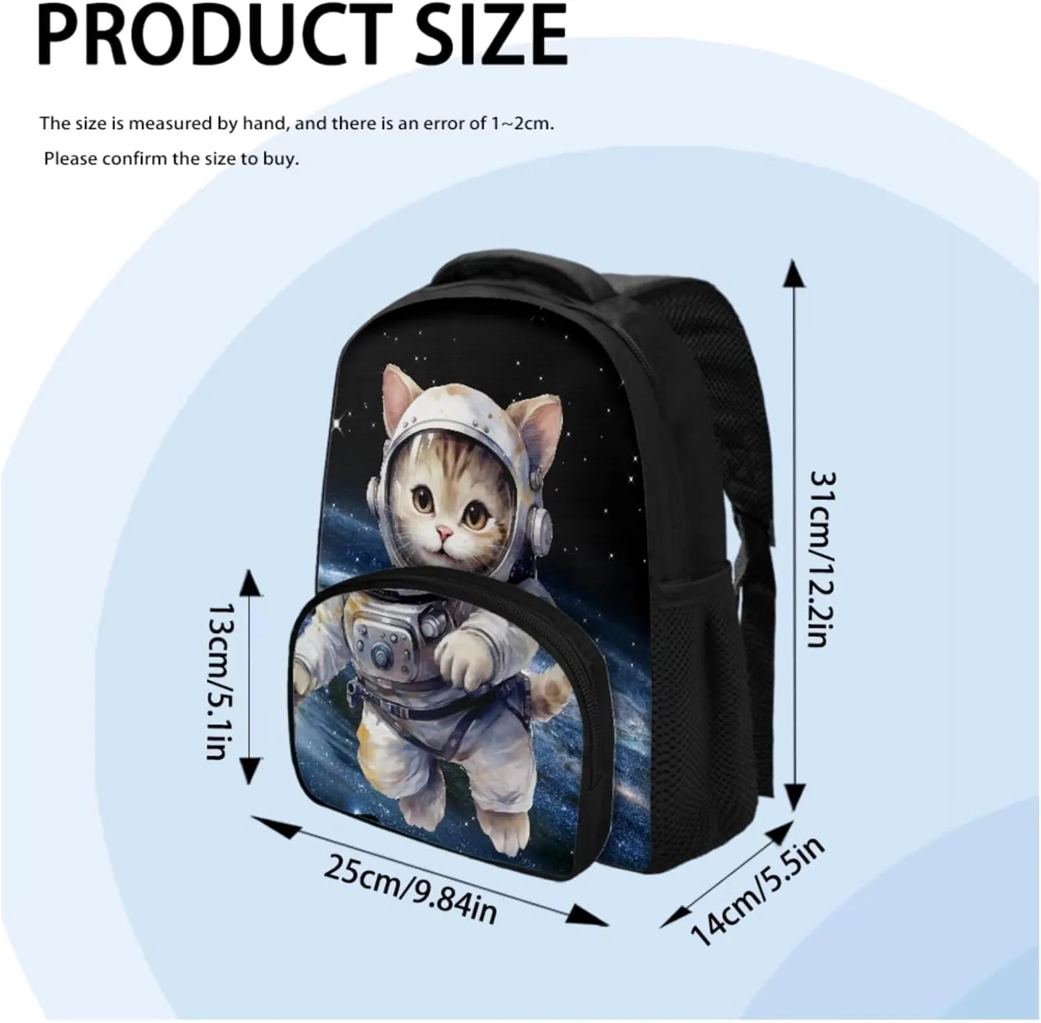 Funny Astronaut Cat Backpack for Boys 12 Inch School Bag for Preschool Elementary Bass Fish Backpack Bookbag with Lunch Box Pencil Case Set of 3Pcs Daypack Sackpack