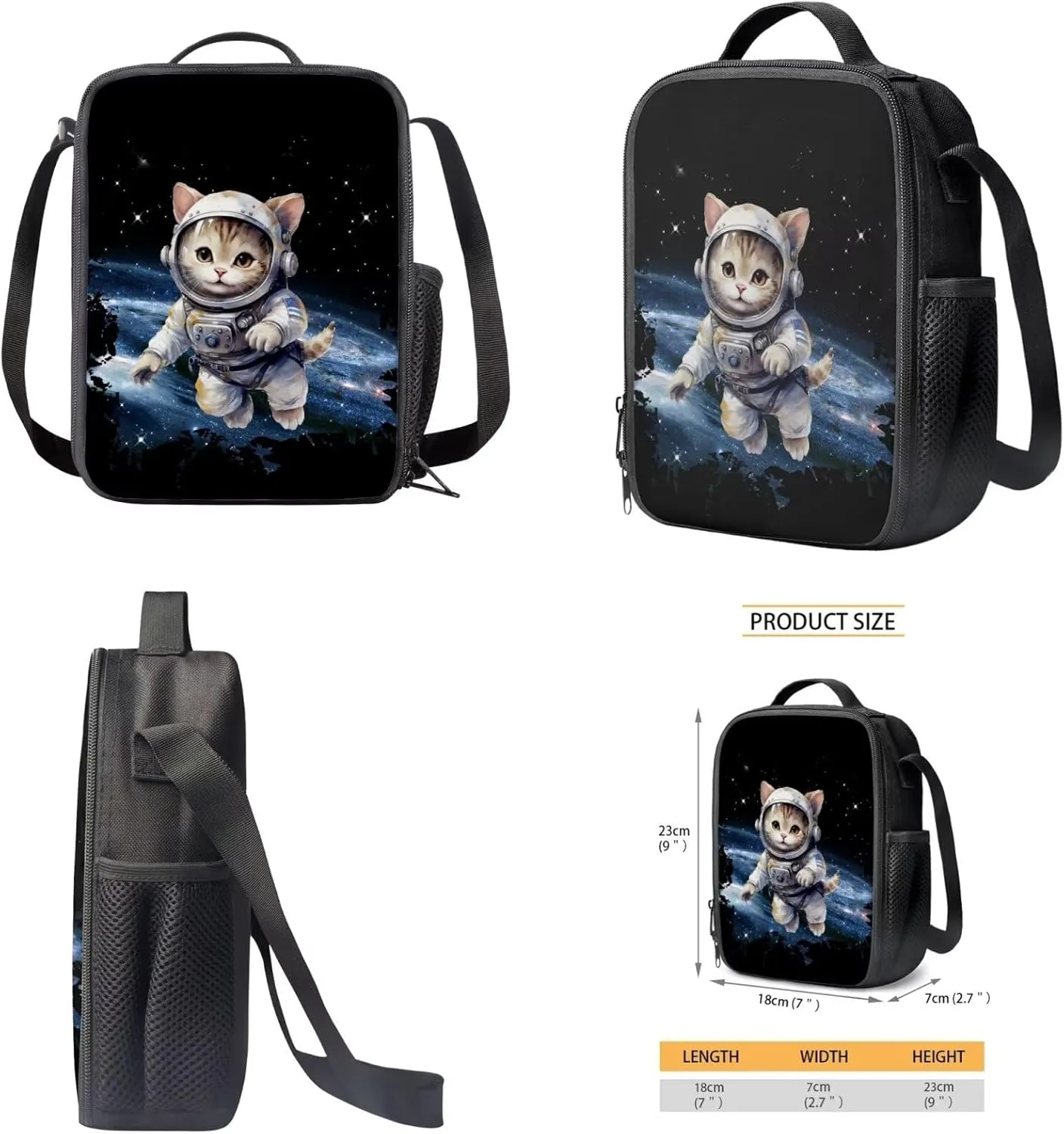 Funny Astronaut Cat Backpack for Boys 12 Inch School Bag for Preschool Elementary Bass Fish Backpack Bookbag with Lunch Box Pencil Case Set of 3Pcs Daypack Sackpack