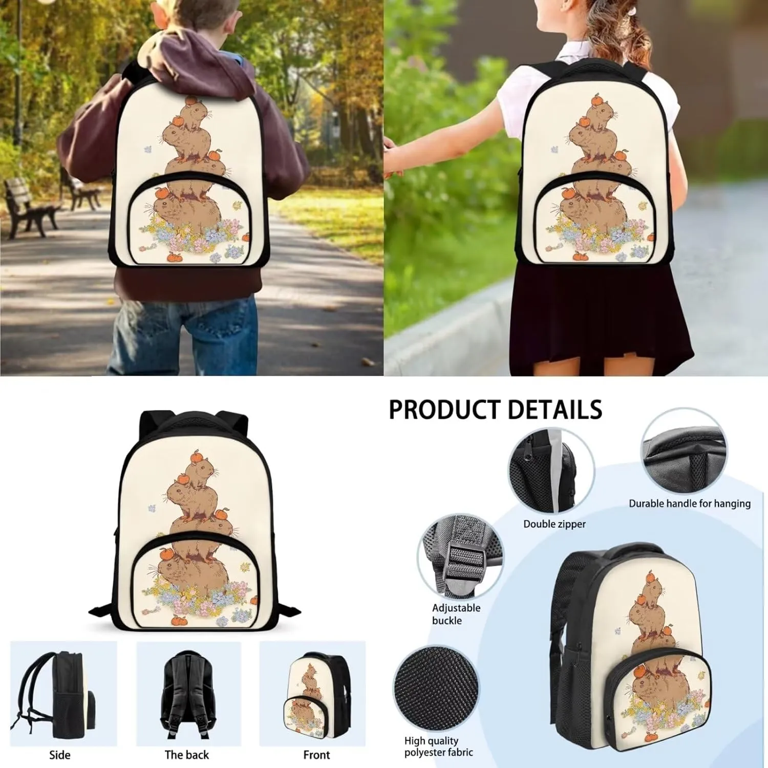 Funny Capybara Backpack Set Kids Toddler Elementary School Bag Bookbag with Insulated Lunch Box Pencil Pouch Pen Bag 12 Inch Backpack School Bag for Kids Toddler